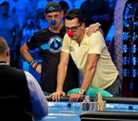 Esfandiari and Laliberte don clown noses, waiting for the flop