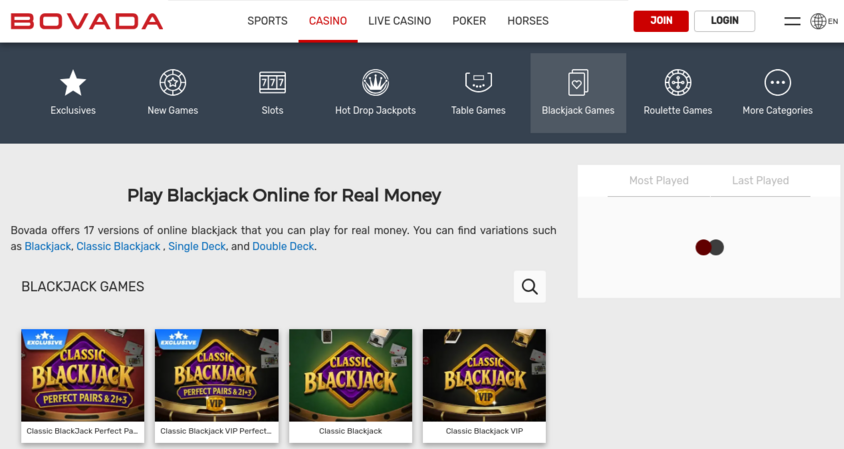Bovada online blackjack games lobby for US players