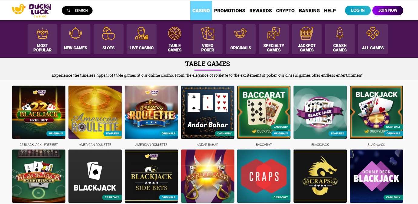 ducky luck table games and blackjack lobby