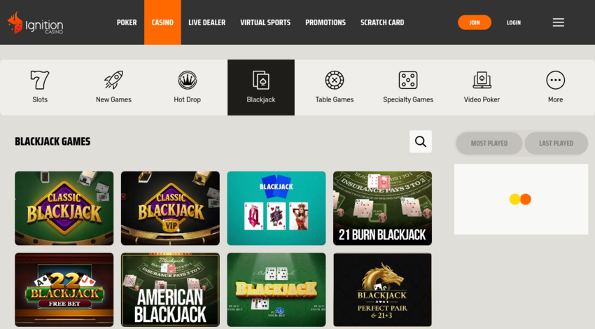 ignition casino blackjack games lobby
