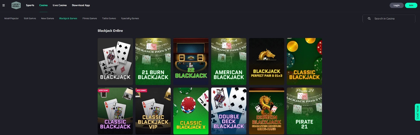 lucky rebel blackjack games lobby