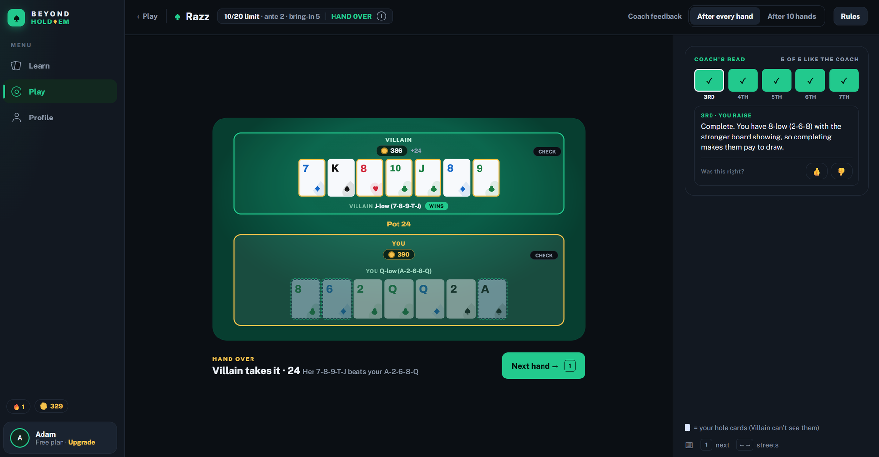 Beyond Hold’em razz trainer on desktop: a heads-up razz hand with the coach’s read of each street in the right-hand panel
